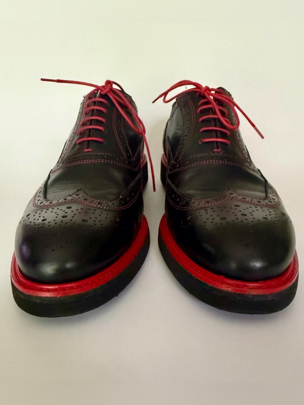 Paul Fredrick Men's Size 12 Black Red Leather Wingtip Derby Shoes Made in Italy